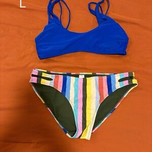Blue Bikini Top with Striped Bottoms